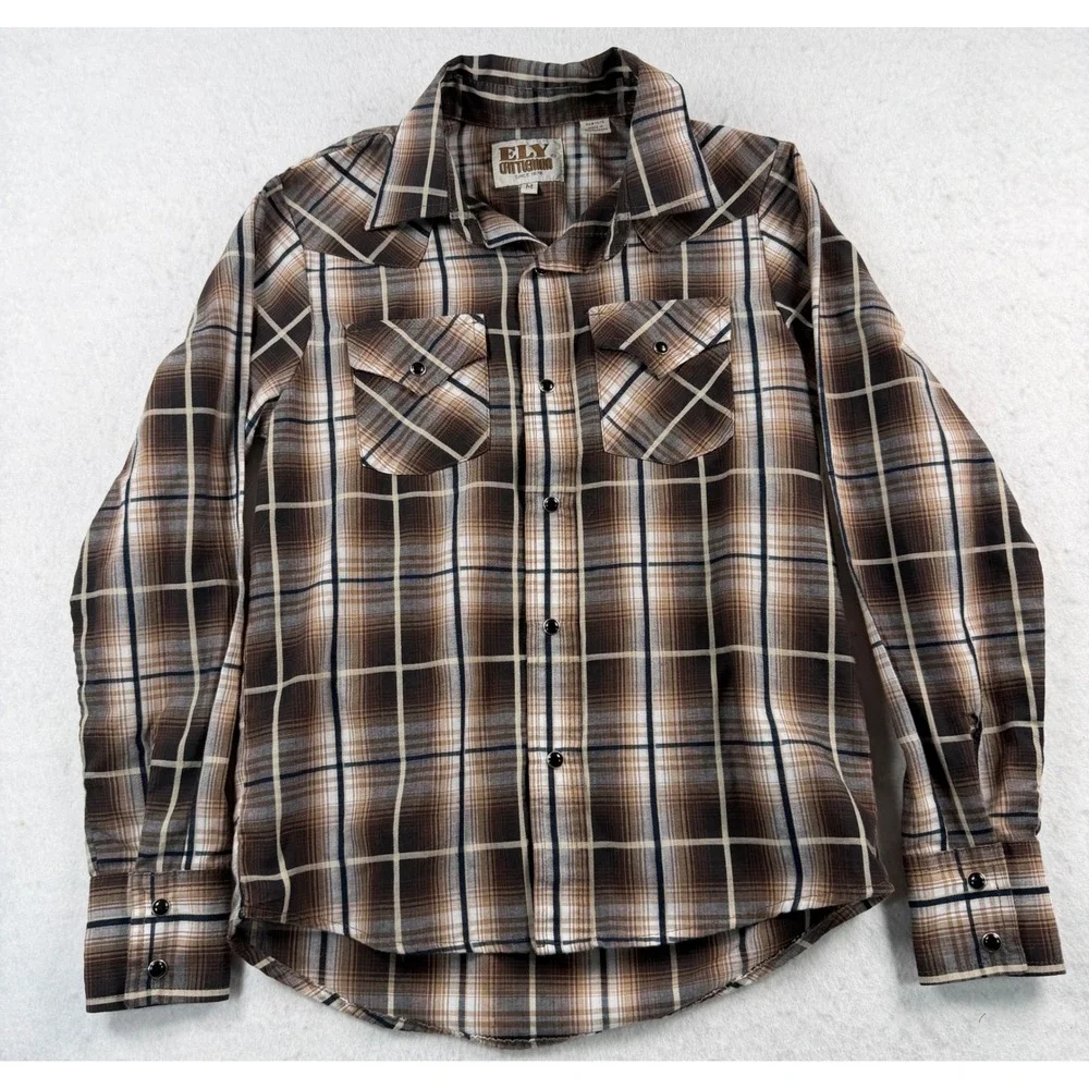 Ely Cattleman Boys Medium 8 Western Pearl Snap Plaid Cowboy Button up shirt